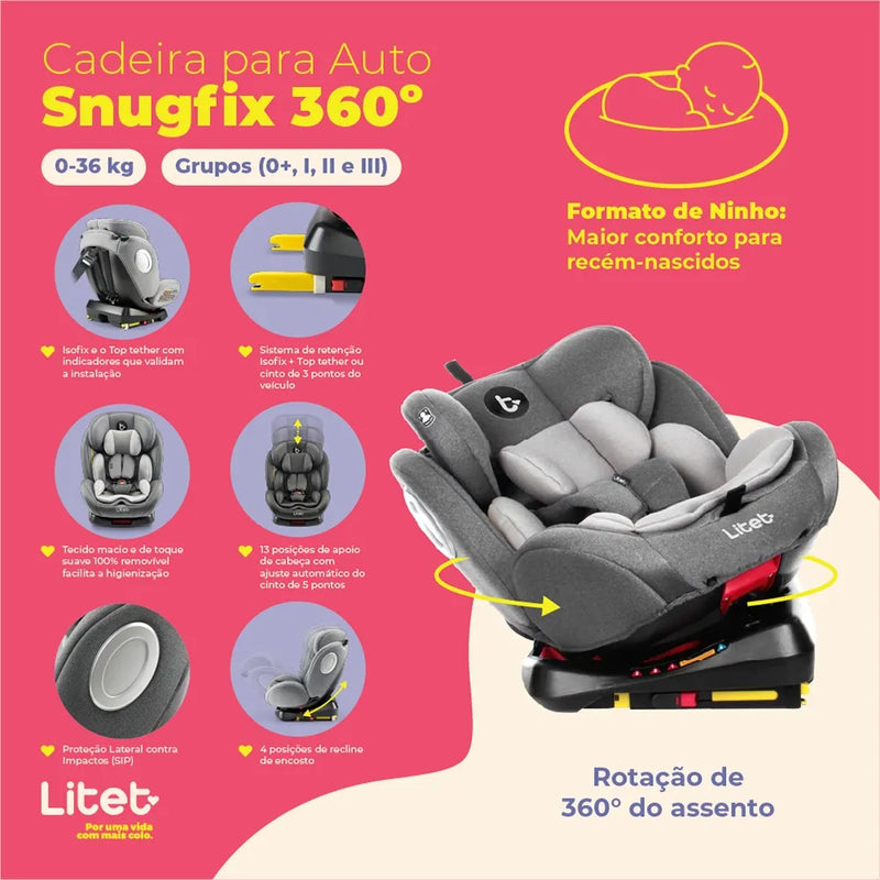 Cadeira Para Auto 0-36 Kgs Isofix Com Rotação Snugfix Preta e Cinza Litet - BB455