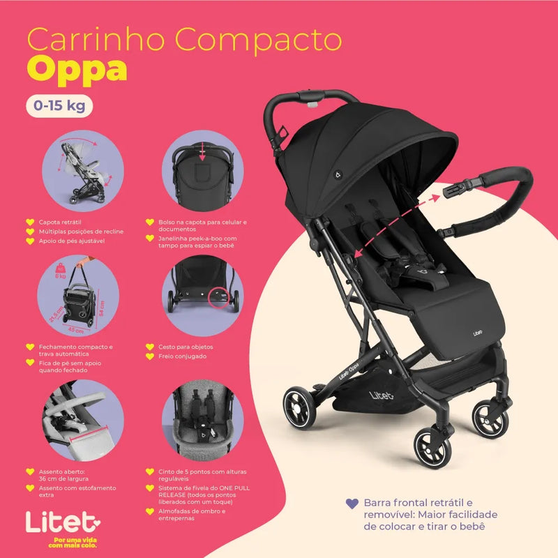 Carrinho de bebê Compacto 0-15 Kg Oppa Preto Litet - BB463